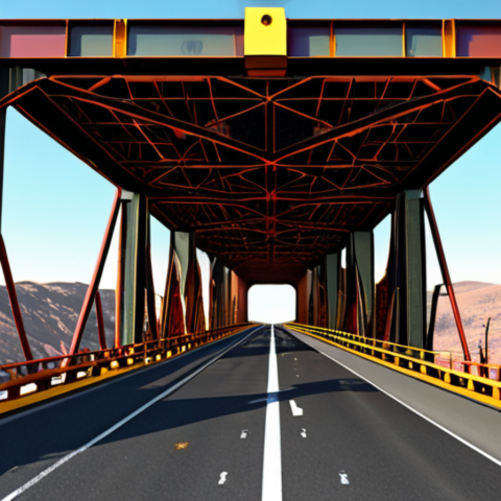 **A bridge under heavy load, analyzed with structural simulation software, displaying stress distribution with color gradients, highlighting areas of potential failure. The scene showcases static analysis with visible force vectors.**