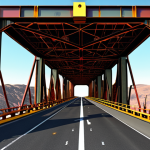 **A bridge under heavy load, analyzed with structural simulation software, displaying stress distribution with color gradients, highlighting areas of potential failure. The scene showcases static analysis with visible force vectors.**