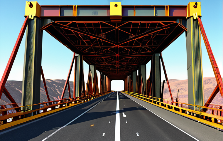 **A bridge under heavy load, analyzed with structural simulation software, displaying stress distribution with color gradients, highlighting areas of potential failure. The scene showcases static analysis with visible force vectors.**